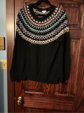 J. Jill Black Crewneck Sweater with Multicolor Fair Isle Yoke